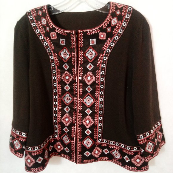 NYGuard collection petite M 10 Aztec brown, Pink Embroidered crop jacket - Picture 1 of 10
